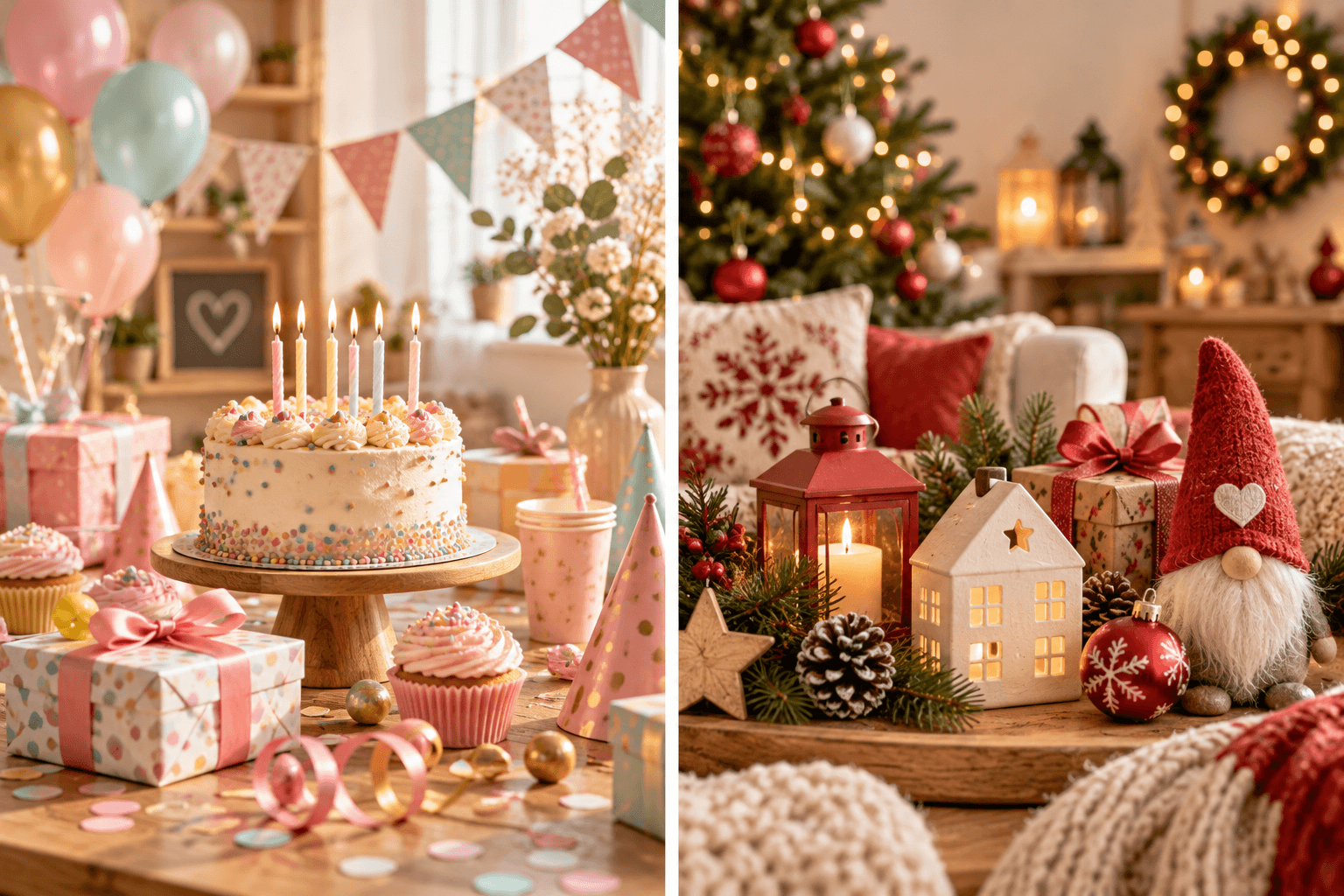 Univers festif mêlant anniversaire et décorations de saison