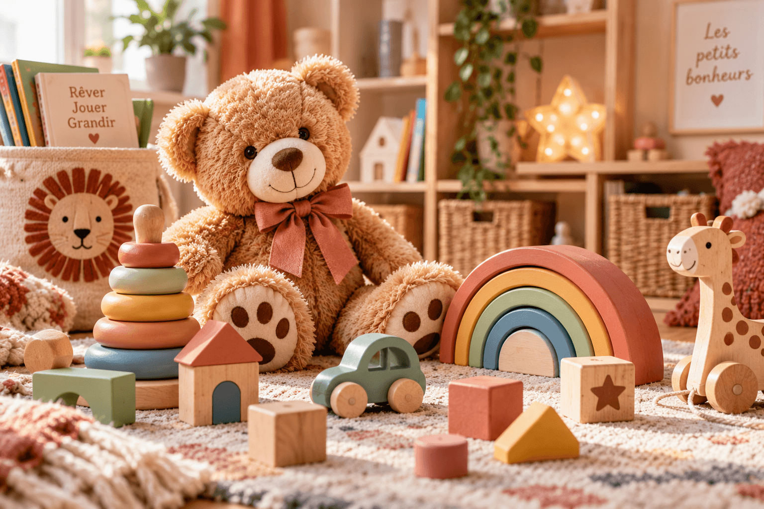 Univers de jouets avec peluche et jouets en bois colorés
